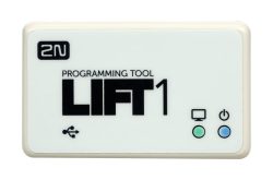 Ein rechteckiges elektronisches Gerät mit der Aufschrift "2N PROGRAMMING TOOL LIFT1" und Symbolen für USB, Computer und Einschaltknopf.