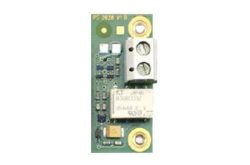 Kleine elektronische Leiterplatte mit verschiedenen Komponenten und Schraubklemme.
