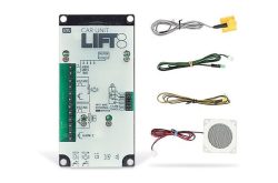 Elektronische Steuerungseinheit für Fahrstühle mit Kabeln und einem Lautsprecher.