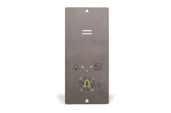 Ein Edelstahlpanel mit einer Klingel und Symbolen darunter.