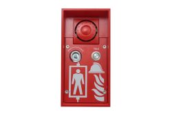 Ein rotes Feuerwehrsprechgerät mit Lautsprecher, zwei Knöpfen und symbolischen Grafiken einer Person und eines Feuerwehrhelms mit Flammen.