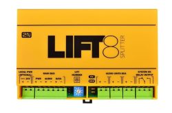 Gelbe Lift-Splitter-Einheit mit mehreren Anschlüssen und Schaltern.