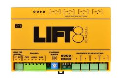Gelbes I/O-Modul mit der Aufschrift "LIFT8" und mehreren Anschlüssen sowie Schaltern.