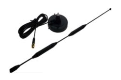 Eine schwarze Antenne mit Kabel und magnetischem Standfuß.