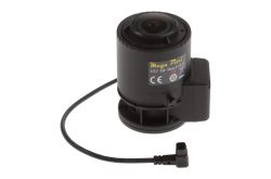 Eine schwarze Überwachungskamera mit einem Megapixel-Objektiv und CE-Kennzeichnung, verbunden mit einem Kabel.