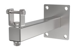 Eine silberne Metallkonstruktion mit vier Löchern an der Basis und einer Schraubverbindung am Ende.