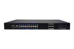 Ein Gigabit-Ethernet-Switch mit 16 RJ45-Ports und zwei SFP-Ports auf der Vorderseite.