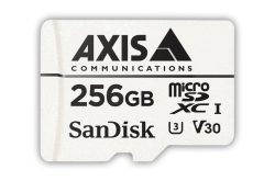 MicroSD-Karte mit 256 GB Speicherkapazität von SanDisk und Axis Communications Logo, MicroSDXC I, U3, V30-Symbolen.