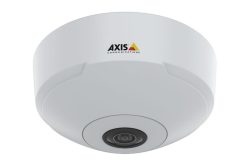 Eine weiße Sicherheitskamera mit Kuppelform und dem Logo von Axis Communications.