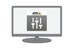 Ein Bildschirm mit dem Logo von Axis Communications und einem Symbol darunter.
