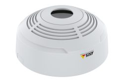 Ein weißer Deckenlautsprecher von Axis Communications mit runder Form und Lüftungsschlitzen.