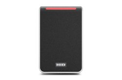 Ein schwarzer RFID-Kartenleser mit einer roten LED-Anzeige an der Oberseite und dem "HID"-Logo unten.