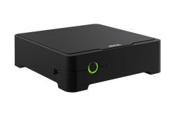 Schwarzer, kompakter Netzwerkrekorder mit einem grünen Einschaltknopf und einem USB-Anschluss an der Vorderseite.