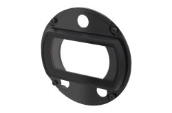 Rundes schwarzes Metallteil mit rechteckiger Öffnung und integriertem Filter.