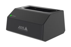 Schwarzes Ladegerät mit der Aufschrift "AXIS Communications" und einer grünen Power-Anzeige.