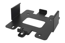 Schwarze Metallhalterung mit mehreren Kanten und Schraubenlöchern, die eine rechteckige Öffnung in der Mitte hat.
