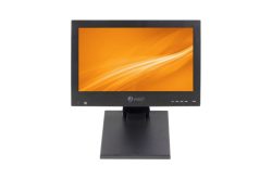 Ein schwarzer Monitor mit einem orangefarbenen Bildschirmhintergrund, Marke "eneo".