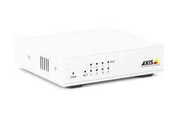 Ein weißer Netzwerk-Switch von Axis Communications mit mehreren LED-Anzeigen auf der Vorderseite.