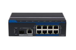 Ein schwarzer Netzwerk-Switch mit mehreren Ethernet-Ports und PoE-Unterstützung.