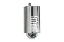 Ein zylindrisches, industrielles Gerät aus Metall mit Barcode und Aufklebern, die detaillierte Informationen und einen QR-Code anzeigen.