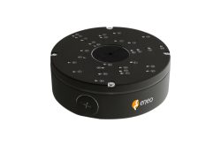 Eine schwarze, runde Kamera-Montagebox der Marke eneo mit mehreren Aufschriften und einem zentralen Loch.