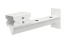 Weiße Wandhalterung aus Metall mit Schraublöchern und verstellbarem Arm.