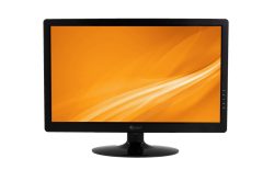 Ein Flachbildschirm mit orangefarbenem Hintergrund und einem schwarz glänzenden Standfuß.