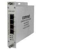Silbernes Medienkonverter-Gerät mit vier Ethernet-Ports und Kontaktinformationen der Firma Comnet auf der Seite.