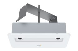 Eine rechteckige Deckenmontagekamera mit zwei Linsen und einem Metallbefestigungselement.