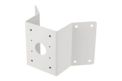 Weiße Metallhalterung mit mehreren Befestigungslöchern und einer zentralen großen Öffnung.