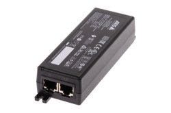 Ein schwarzer PoE-Injektor mit zwei Ethernet-Ports und technischen Spezifikationen auf der Oberseite.