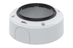 Eine runde, weiße Kamerahalterung mit dem Logo von Axis Communications auf der Vorderseite.