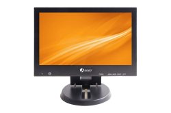 Ein schwarzer Monitor mit der Marke "eneo" auf einem runden Standfuß, zeigt einen orangefarbenen Hintergrund.