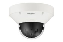 Überwachungskamera von Wisenet in einem weißen Gehäuse.