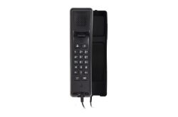 Ein schwarzes, kabelgebundenes Telefon an der Wand montiert mit Tastenfeld.