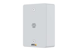 Ein rechteckiges, weißes Gerät mit der Aufschrift "AXIS Communications" an der unteren Kante. Es hat zwei sichtbare Schrauben und ein Lüftungsgitter in der Mitte.
