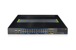 Ein schwarzer Gigabit-Ethernet-Switch mit mehreren Ports und gelben sowie blauen Markierungen auf der Vorderseite.