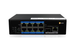 Ein schwarzer Netzwerk-Switch der Marke Eneo mit mehreren Ethernet-Ports und PoE-Unterstützung auf der Vorderseite.