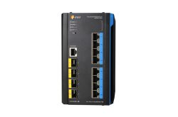 Ein schwarzer industrieller PoE-Switch von Eneo mit mehreren Ethernet-Anschlüssen und LED-Anzeigen.