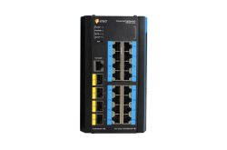 Industrieller PoE-Switch mit mehreren Ethernet-Ports, Markenlogo oben links.