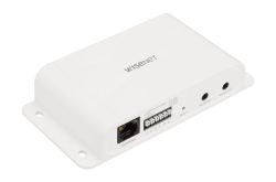Ein weißes elektronisches Gerät von Wisenet mit Netzwerkanschluss, Audioeingang, Ausgang und Reset-Taste.