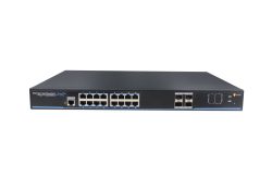 Ein Ethernet-Switch mit mehreren Ports und PoE+-Funktionalität, Vorderansicht.