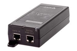 Ein schwarzer Power over Ethernet (PoE) Injektor mit einem "Data In" und einem "Data & Pwr Out" Anschluss.