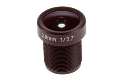 Kleine Kameraobjektivlinse mit der Aufschrift "2.8mm 1/2.7" auf der Vorderseite.