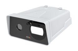 Ein weißes, rechteckiges Gerät mit schwarzem Frontpanel, darauf das Logo von Axis Communications.