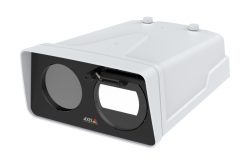 Ein rechteckiges, weißes Gehäuse für eine Sicherheitskamera von Axis Communications mit zwei runden Öffnungen.