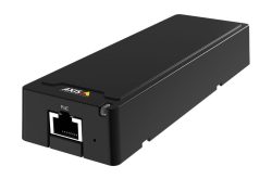 Schwarzes rechteckiges Gehäuse mit Ethernet-Anschluss und AXIS-Logo.