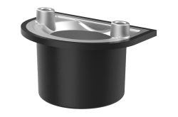 Ein schwarz-silbernes zylindrisches Kunststoff- und Metallteil mit zwei erhöhten Befestigungspunkten.