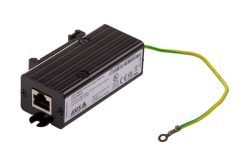 Ein schwarzer Überspannungsschutz für Ethernet mit einem Ethernet-Anschluss und einem gelb-grünen Erdungskabel.