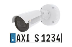Eine Überwachungskamera und ein deutsches Nummernschild mit der Aufschrift "AXI S 1234".
